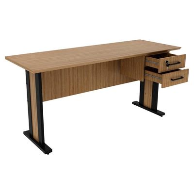 Mesa De Escritorio 2 Gavetas E Chave 160 Cm Me4193 Amendoa Preto Tecno Mobili Amendoa Preto