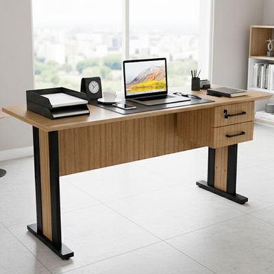 Mesa De Escritorio 2 Gavetas E Chave 160 Cm Me4193 Amendoa Preto Tecno Mobili Amendoa Preto