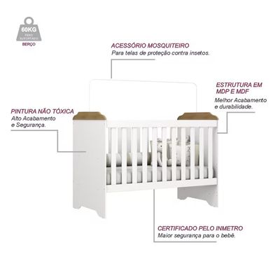 Berço Mini Cama Mel 3 em 1 com Suporte para Mosquiteiro e 133cm de Largura Carolina Baby Branco