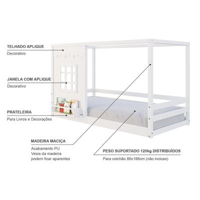 Cama Montessoriano Casinha Reta Com Janela Madeira Maciça Branco Housin