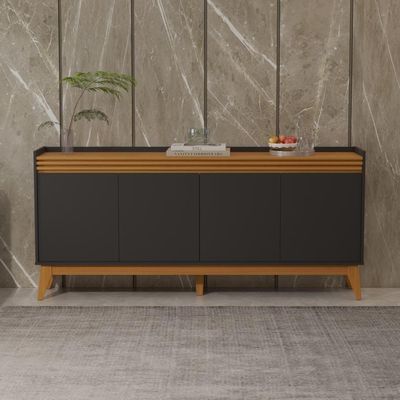 Buffet Aparador Ripado Com 4 Portas Monaco 180cm - Preto E Cedro