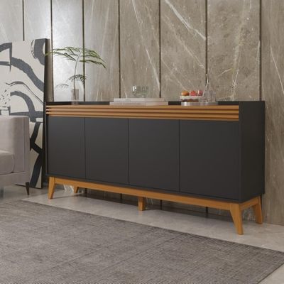 Buffet Aparador Ripado Com 4 Portas Monaco 180cm - Preto E Cedro