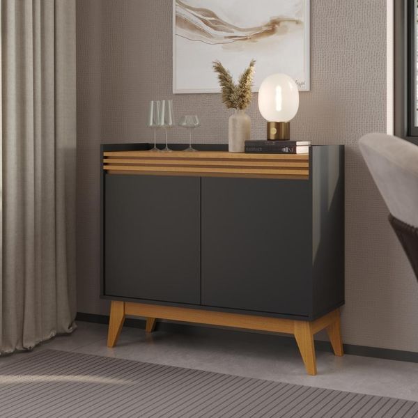 Buffet Aparador Ripado Com 2 Portas Monaco 92cm - Preto E Cedro