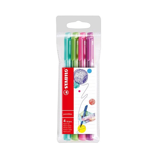 Caneta Hidrográfica Stabilo PointMax Fine 0.4mm com 4 Unidades Cores Vibrantes