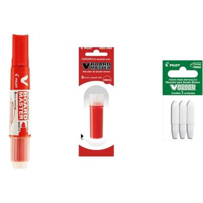 Kit Marcador Para Quadro Branco + Refil + Ponta Pilot V-board Master Vermelho