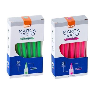 2 Caixas Marca Texto Fluorescente Transparente 12 Unidades Brw Verde E Rosa