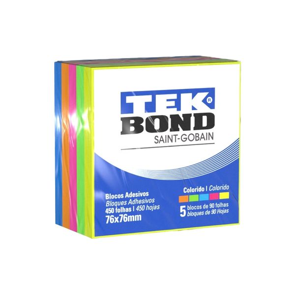 Bloco Adesivo Fluorescente Tekbond 5 Cores com 90 Folhas 76x76mm
