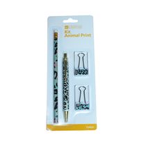 Kit Gift Le Office Animal Print 1 Lápis Grafite, 1 Caneta Fine, 2 Binders Clips 25mm