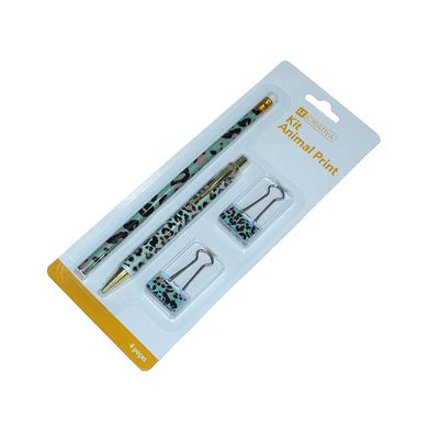 Kit Gift Le Office Animal Print 1 Lápis Grafite, 1 Caneta Fine, 2 Binders Clips 25mm