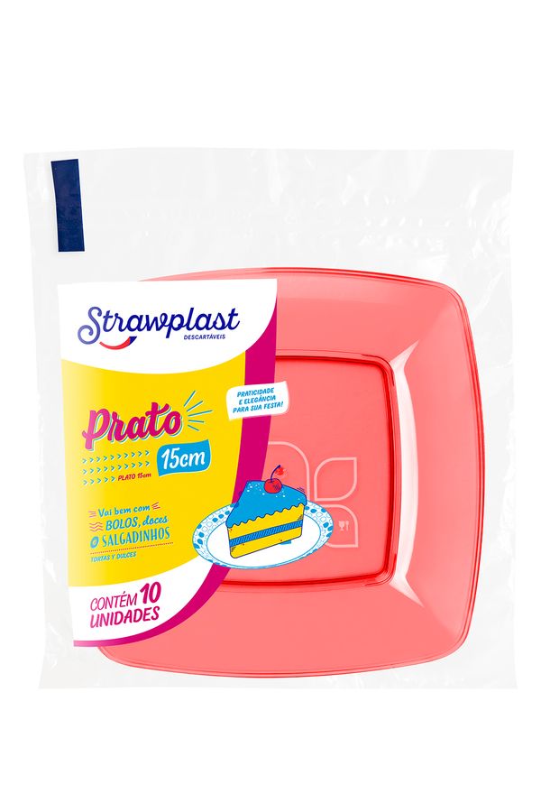 Prato Descartável Strawplast Quadrado 15cm com 10 Unidades Vermelho