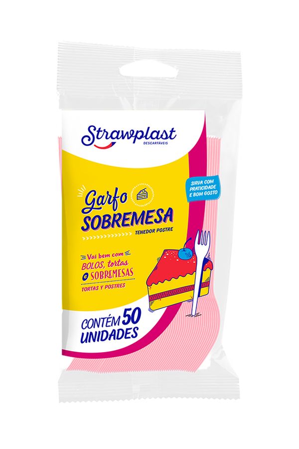 Garfo Strawplast para Sobremesa com 50 Unidades Rosa