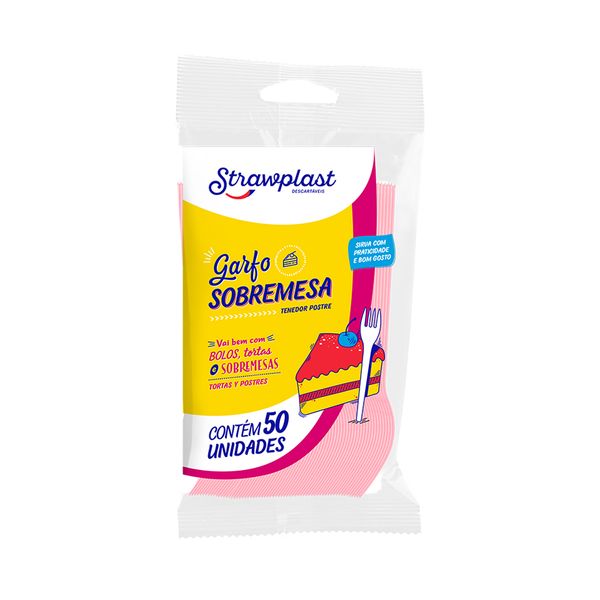 Garfo Strawplast para Sobremesa com 50 Unidades Rosa