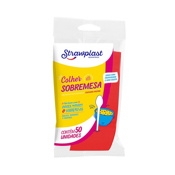 Colher Strawplast para Sobremesa com 50 Unidades Vermelha