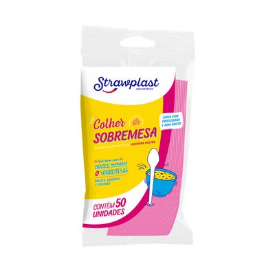 Colher Strawplast para Sobremesa com 50 Unidades Rosa