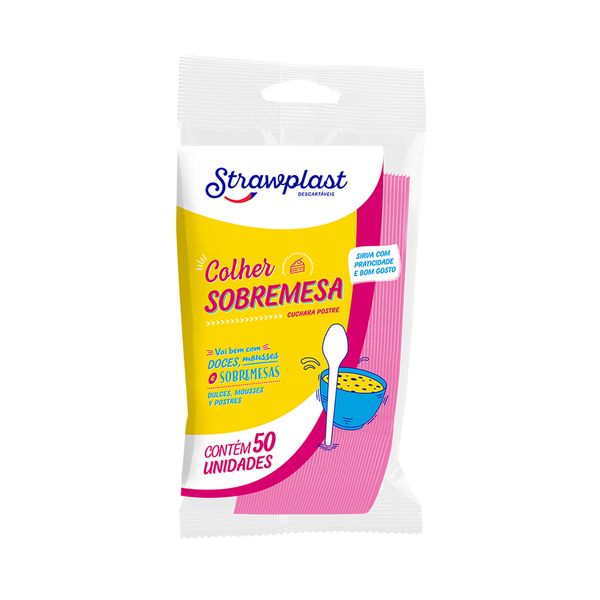 Colher Strawplast para Sobremesa com 50 Unidades Rosa