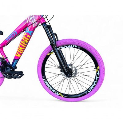 Bicicleta Aro 26 Vikingx Tuff X25 Freeride Freio Hidráulico 21v Aros Vmaxx Dh Pneu Flame - Rosa-azul