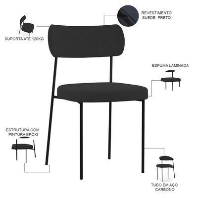 Cadeira Decorativa Estofada Para Sala De Jantar Melina L02 Suede Preto - Lyam Decor