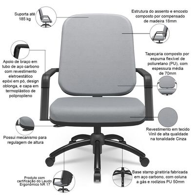 Cadeira De Escritório Giratória Com Braço Preta Magno P03 Vinil Cinza - Lyam Decor