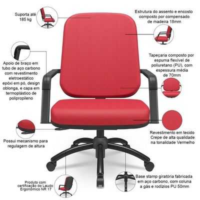 Cadeira De Escritório Giratória Com Braço Preta Magno P03 Crepe Vermelho - Lyam Decor