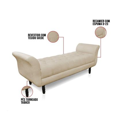 Recamier Olinda Suede 160 Cm Pés Torneados Castanhos - D'rossi Cor Bege