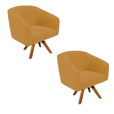 Poltrona Sala Decorativa Kit 2 Stella Base de Madeira Giratória MM30 Veludo Mostarda D03 - D'Rossi