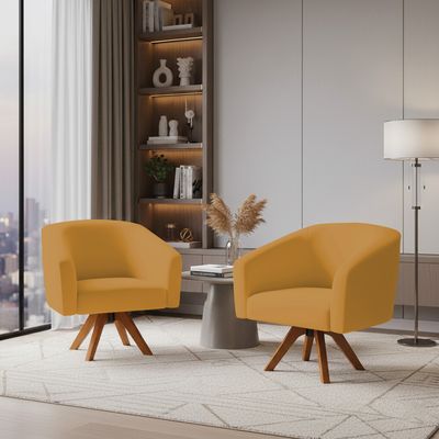 Poltrona Sala Decorativa Kit 2 Stella Base de Madeira Giratória MM30 Veludo Mostarda D03 - D'Rossi