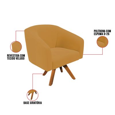 Poltrona Sala Decorativa Kit 2 Stella Base de Madeira Giratória MM30 Veludo Mostarda D03 - D'Rossi