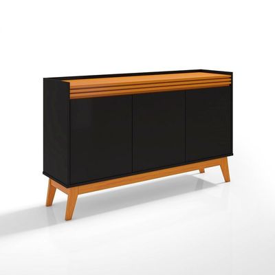 Buffet Aparador Ripado Com 3 Portas Monaco 136cm - Preto E Cedro