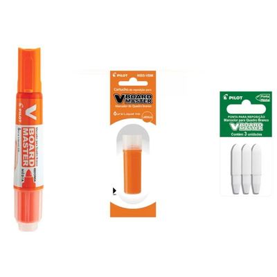 Kit Marcador Para Quadro Branco + Refil + Ponta Pilot V-board Master Laranja