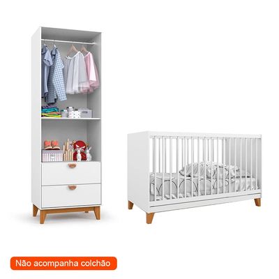 Quarto de Bebê Magia com Berço, Guarda-Roupa e Cômoda 2 Portas 5 Gavetas Branco e Amadeirado