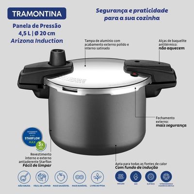 Panela De Pressão Arizona Indução 20 Cm 4,5 L Em Alumínio Revestimento Interno E Externo Grafite Tramontina 20560-520