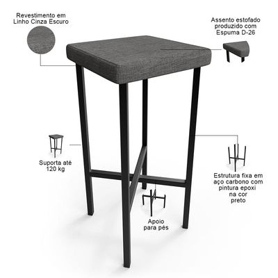 Kit 06 Banquetas Alta Bar Cozinha Sala De Jantar Preto Stella L02 Linho Cinza Escuro - Lyam Decor