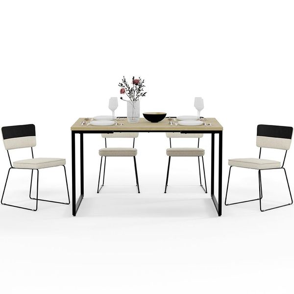 Mesa Rivera Nature 136cm Com 4 Cadeiras Allana F01 Faixa Corano Preto Linho Champagne - Lyam Decor