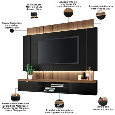 Painel Para TV 55 Pol Ripado com Bancada Suspensa Luzzi B01 Preto Castanho - Lyam Decor