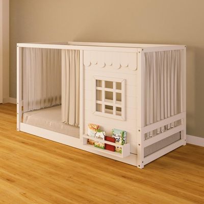 Cama Montessoriano Casinha Reta Com Janela E Cotina Madeira Maciça Branco Housin