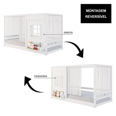 Cama Montessoriano Casinha Reta Com Janela E Cotina Madeira Maciça Branco Housin