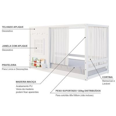 Cama Montessoriano Casinha Reta Com Janela E Cotina Madeira Maciça Branco Housin