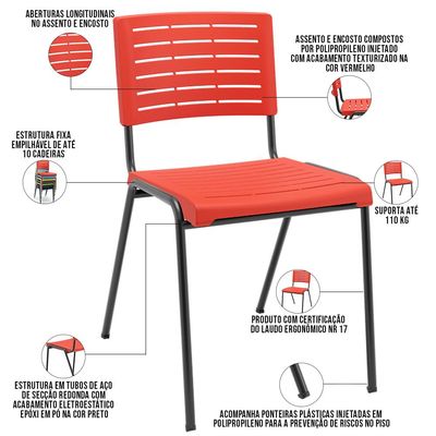 Cadeira Empilhável Fixa Escritório Multiuso Base Preta Kimi P03 Vermelho - Lyam Decor