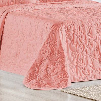 Kit Cobre Leito Colcha Celeste Queen 3 Peças Matelado Floral 180 Fios - Salmão
