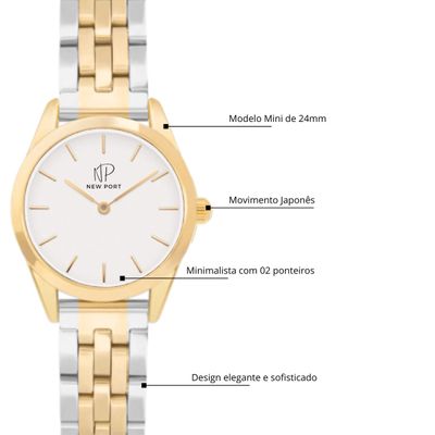 Relógio Feminino Bicolor Elegante Delicado Pequeno New Port