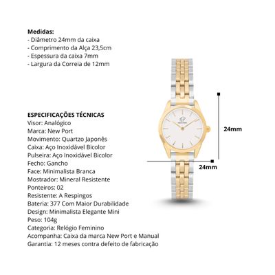 Relógio Feminino Bicolor Elegante Delicado Pequeno New Port