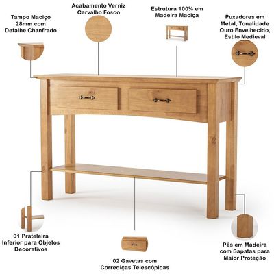 Kit Balcão Buffet 120cm Com Aparador Rústico 132cm Madeira Maciça Lira M06 Carvalho Fosco - Lyam Decor