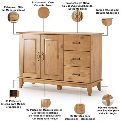 Kit Balcão Buffet 120cm Com Aparador Rústico 132cm Madeira Maciça Lira M06 Carvalho Fosco - Lyam Decor