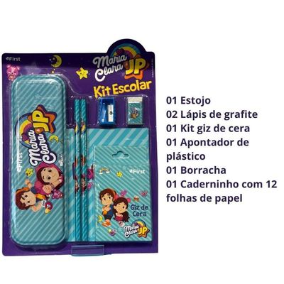 Kit Escolar Maria Clara E Jp Estojo Lapis Giz De Cera Caderninho Apontador Borracha