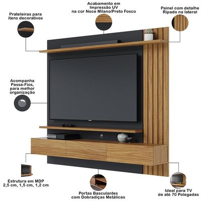Painel Para TV 70 Pol com Bancada Suspensa 180cm Will C04 Noce Milano Preto Fosco - Lyam Decor