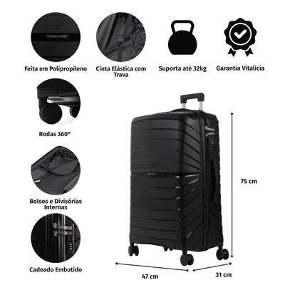 Mala Grande 32 Kg Polipropileno 4 Rodas Rover Preta G / Preto
