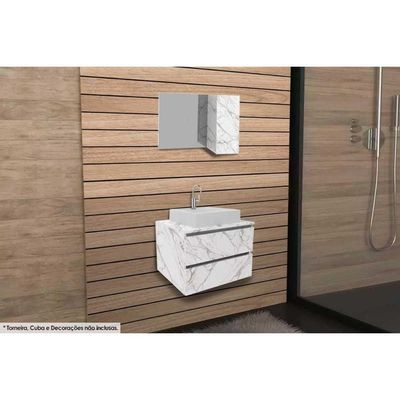 Armário C/ Balcão Banheiro Suspenso Bn3607 S/cuba 60cm E Espelho Bn3602 Mármore Branco Tecno Mobili