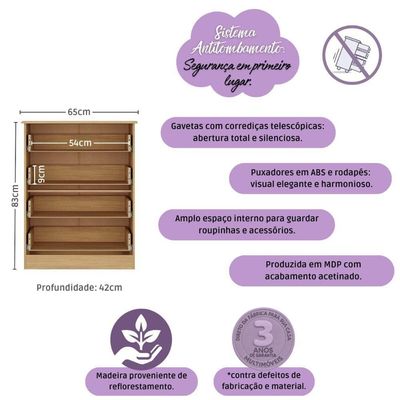 Cômoda Infantil 65cm Com 4 Gavetas Encanto Multimóveis Mp4427 Madeirado/branco Madeirado/branco