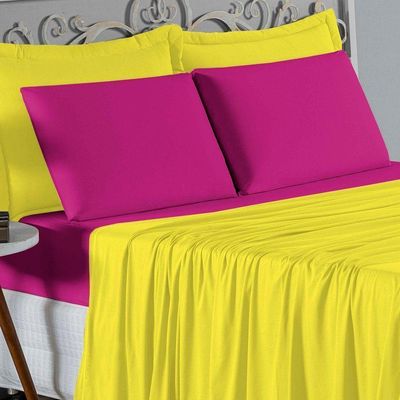 Jogo De Cama Casal Nobre 4 Peças Lençol Com Elástico De 30cm De Altura Malha 100% Algodão - Amarelo / Pink