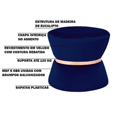 Puff Decorativo Sala de Estar 45cm Dhaka Veludo Azul Bic - Gran Belo